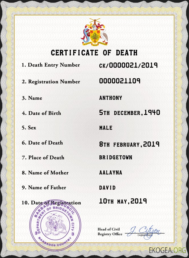 Modèle PSD de certificat de décès de la Barbade